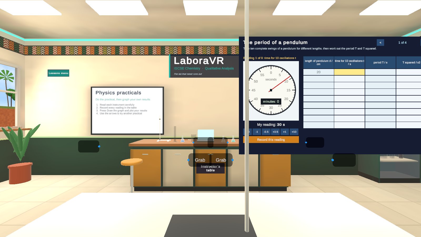 Pendulum practical table in the LaboraVR lab