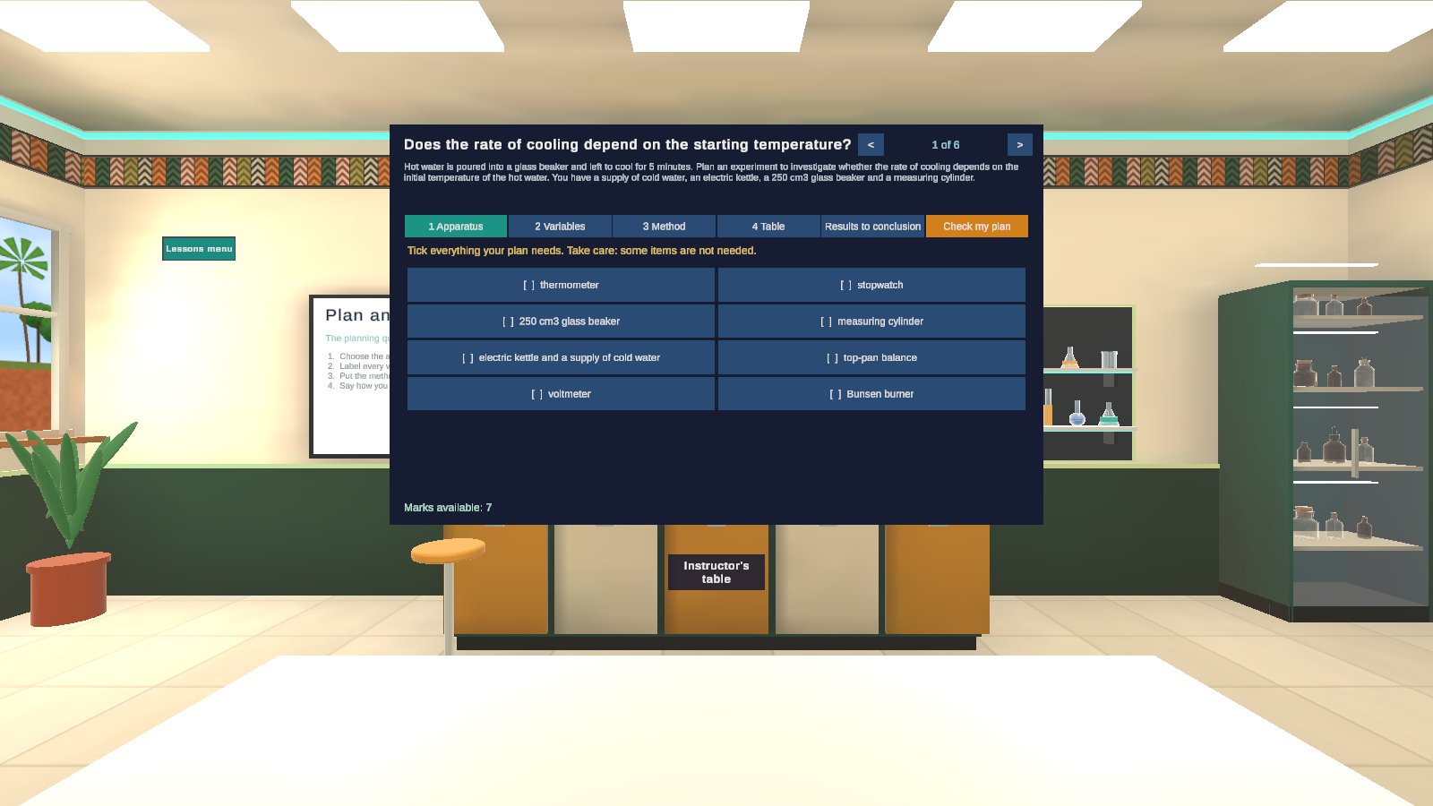 Experiment planning screen in the LaboraVR lab