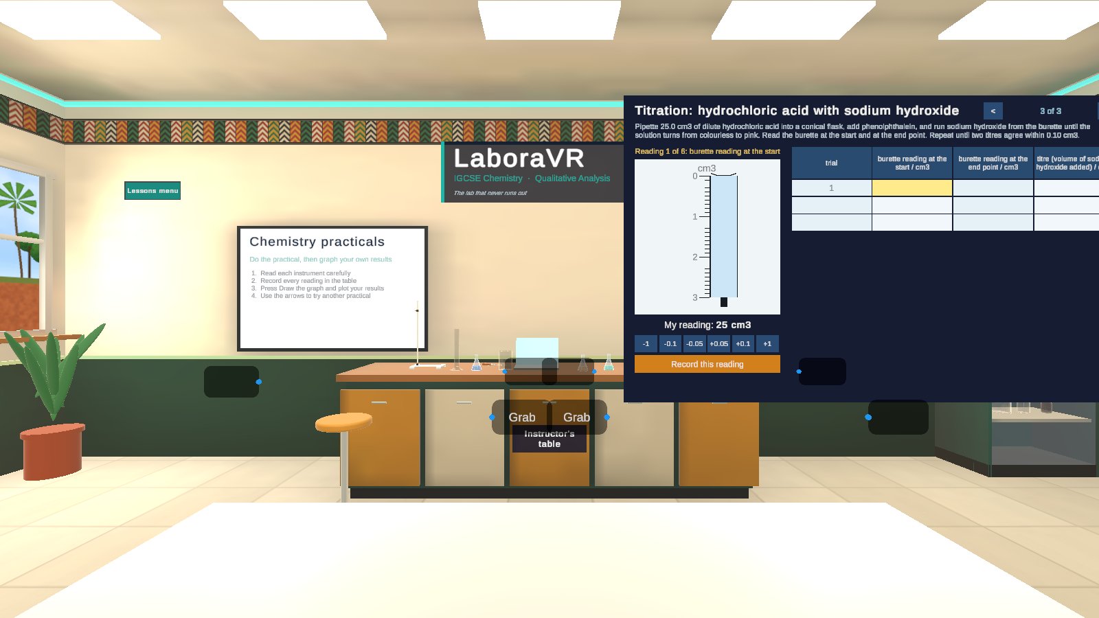 Acid–base titration practical in the LaboraVR lab